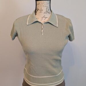 Y2K Style Silk Sage Green Ribbed Knit Polo Top
